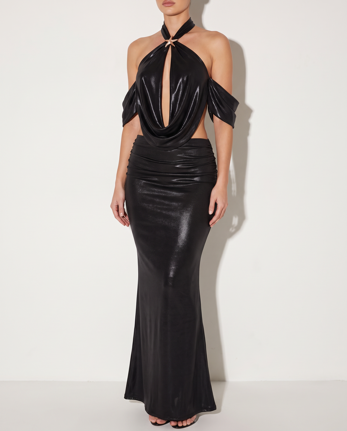 Starfish Trimmed Shimmer Cowl Neck Top With Skirt in Black — alternate front view