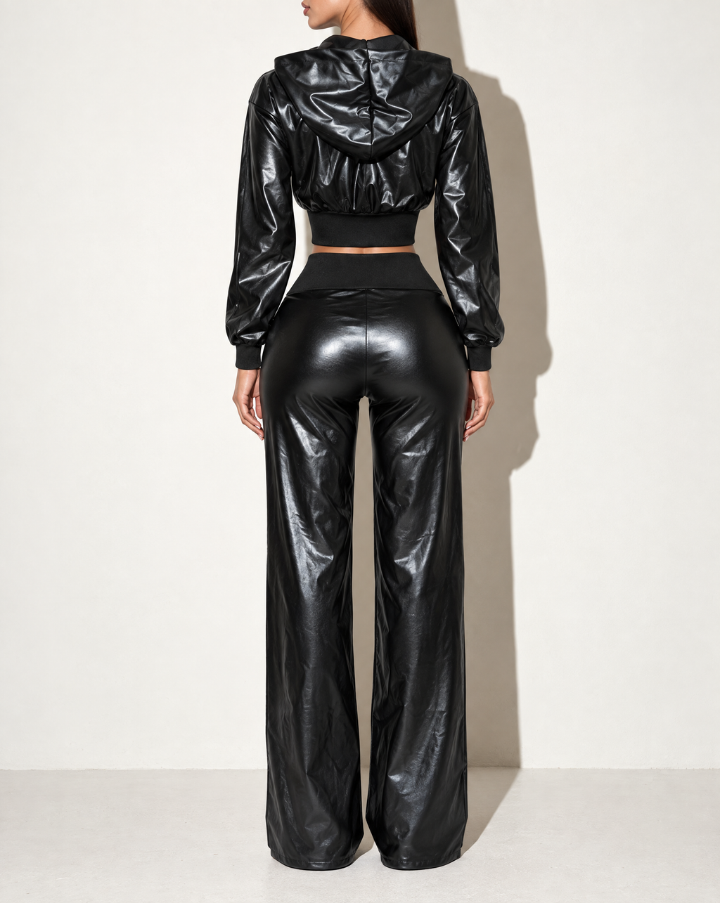 PU Hoodie Jacket & Wide Leg Pants Set in Black — back view