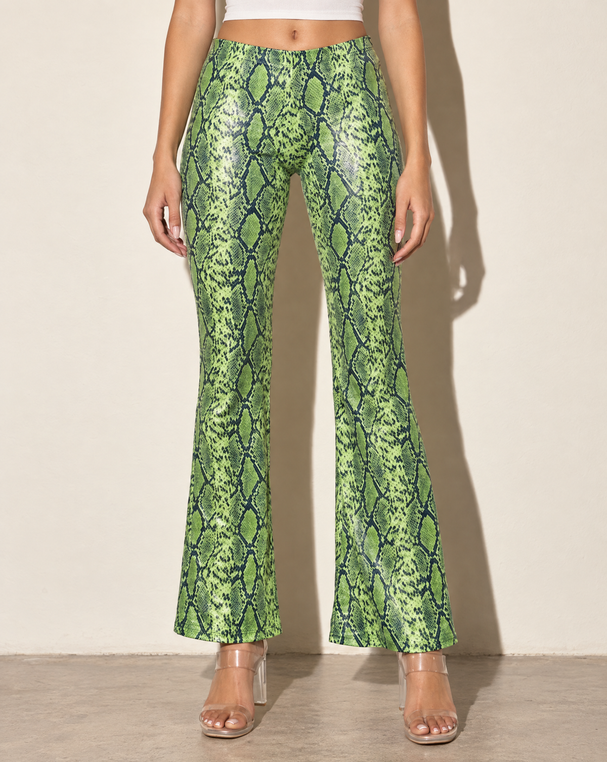 Foiled Animal Printed Slightly Flare Pants in LIME/NAVY — front view