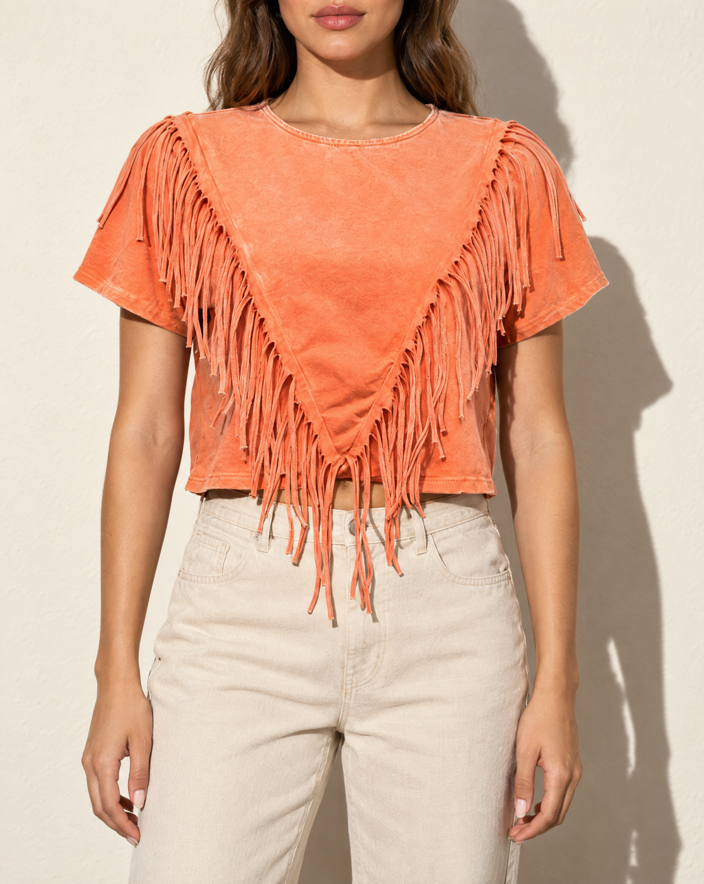 Fringe Detailed Top in Orange — front view