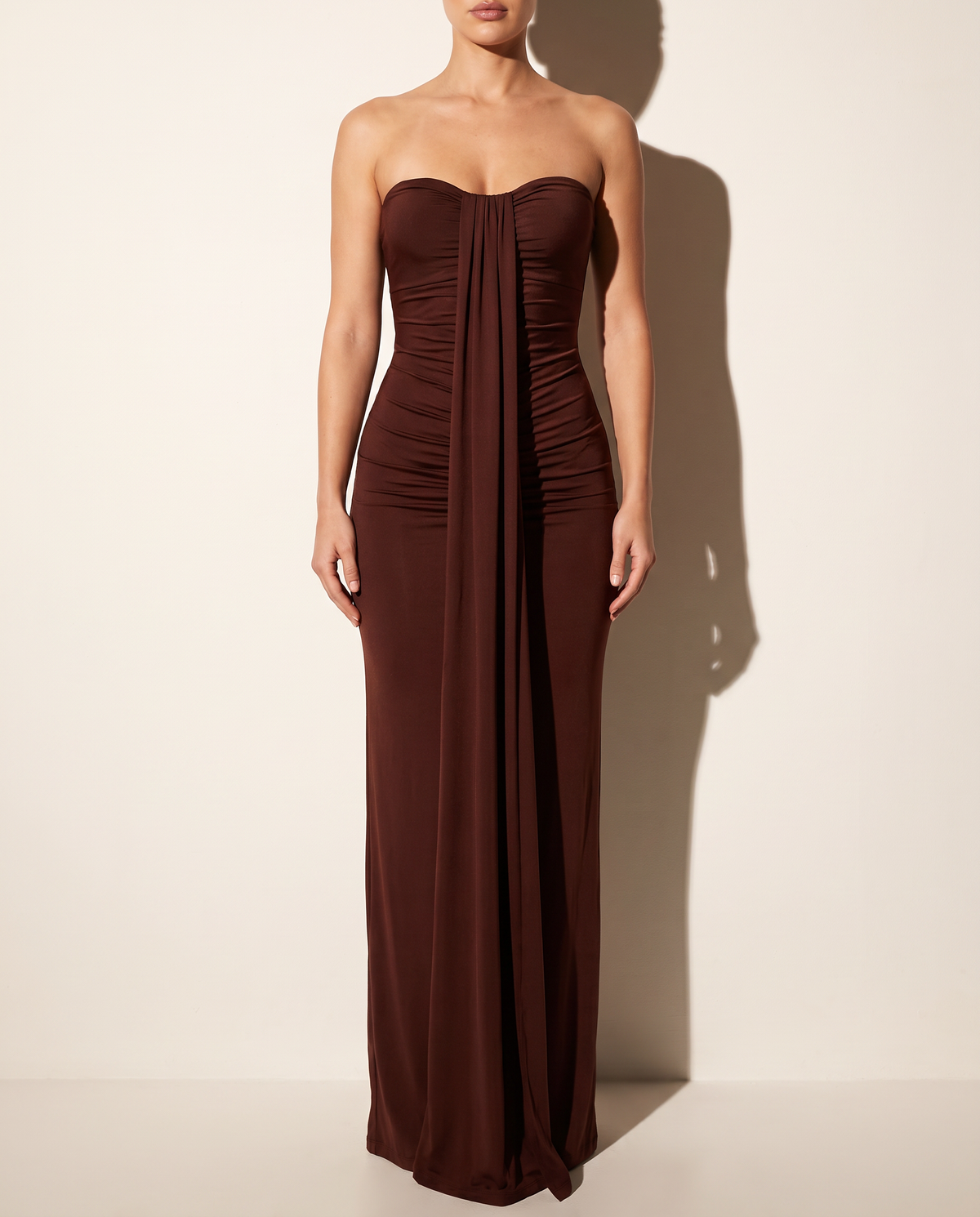 Drape Down Detailed Tube Maxi Dress in Brown — front view