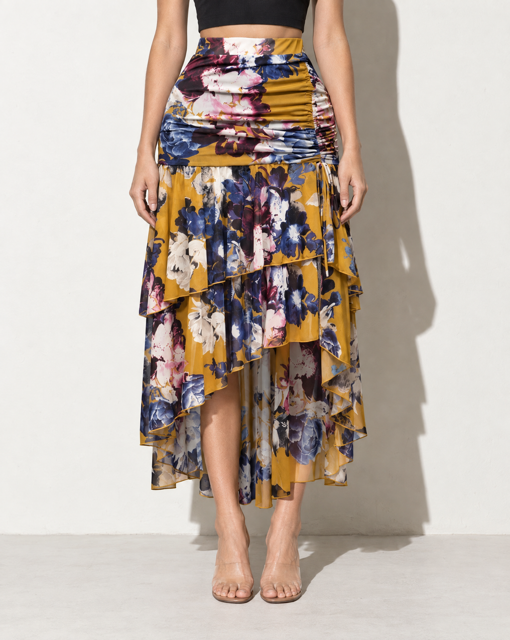 Asymmetrical Hem Floral Skirt in MUSTARD COMBO — front view