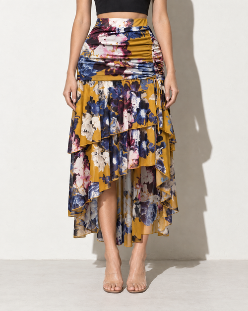 Asymmetrical Hem Floral Skirt in MUSTARD COMBO — front view