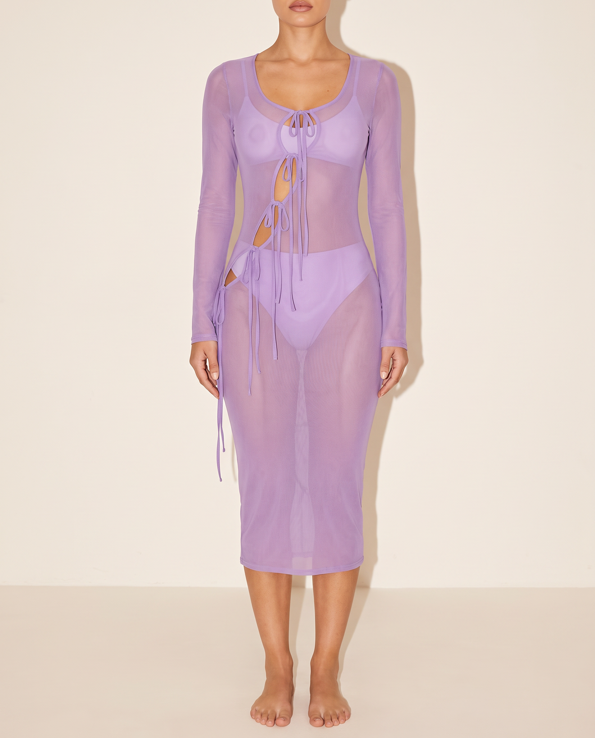 Tie Detailed Mesh Coverup Dress in Lavender — front view