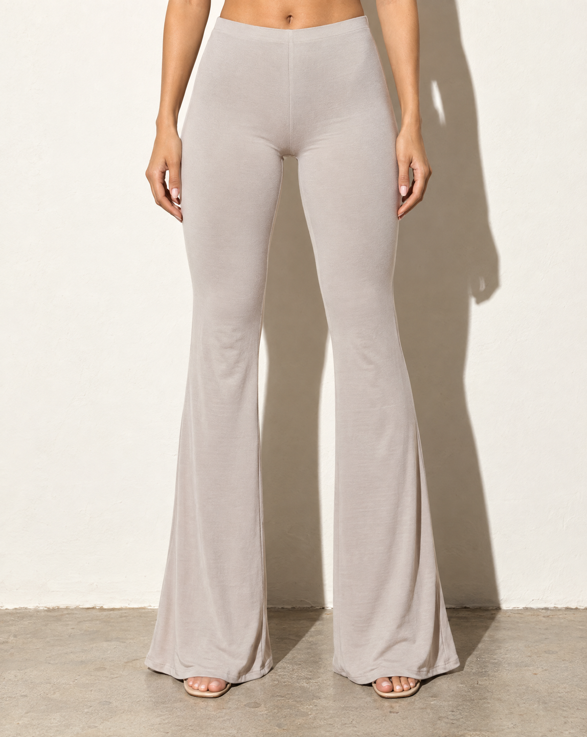 High Waist Flare Hem Pants in LT KHAKI — front view