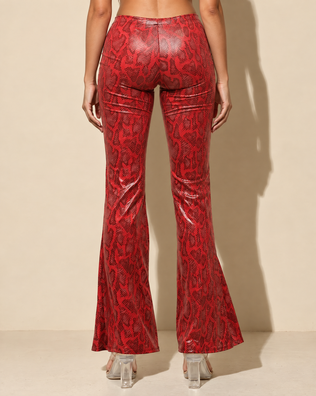 Foiled Animal Printed Slightly Flare Pants in Red — back view