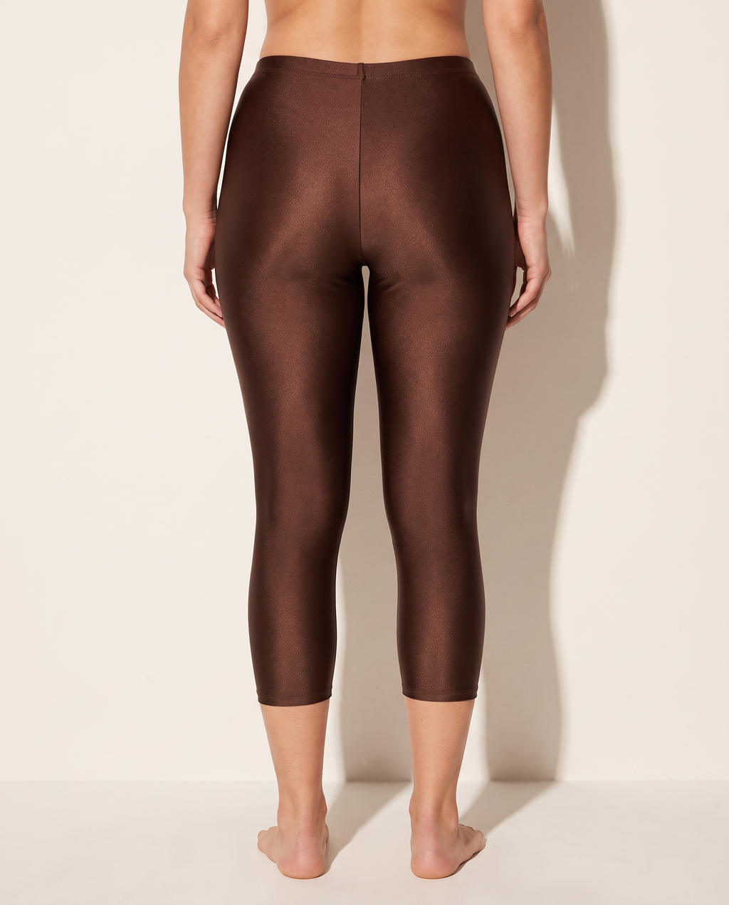 Nylon Capri Leggings in Brown — back view