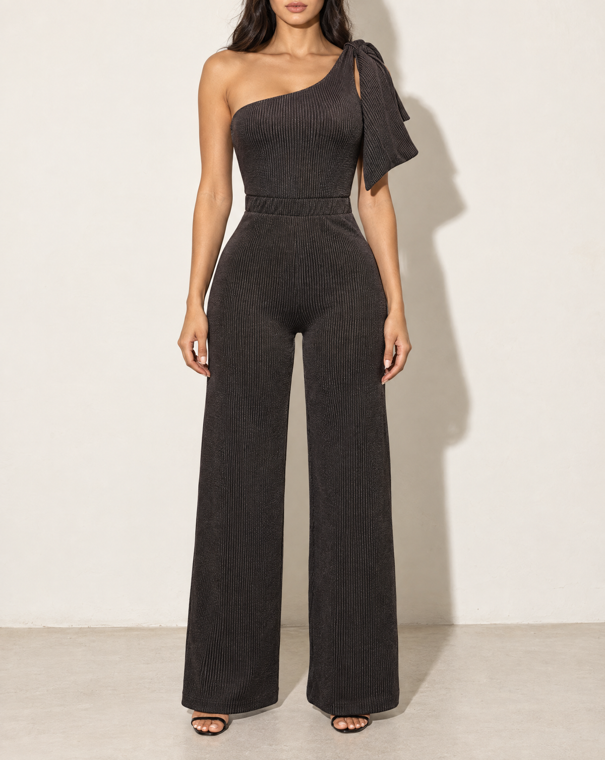 One Shoulder Bow Detailed Wide Leg Jumpsuit in Charcoal — front view