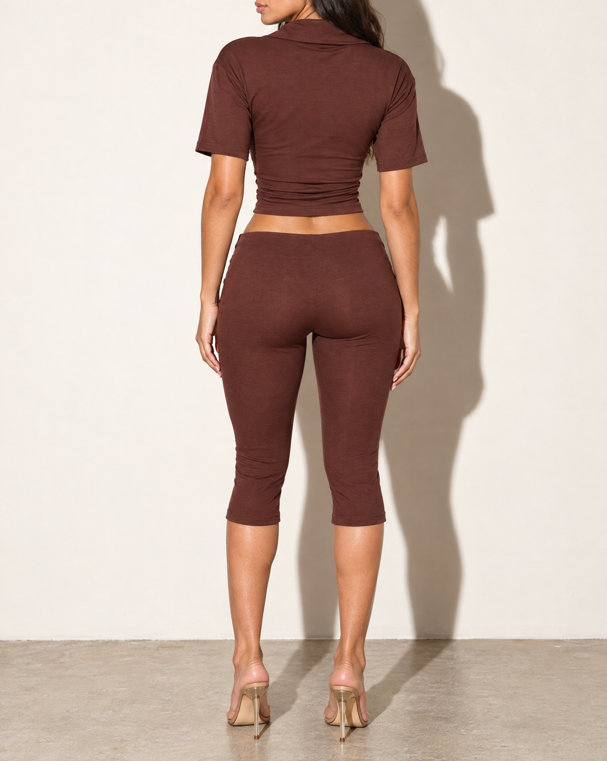 Collar Top & Capri Leggings Set in Brown — back view