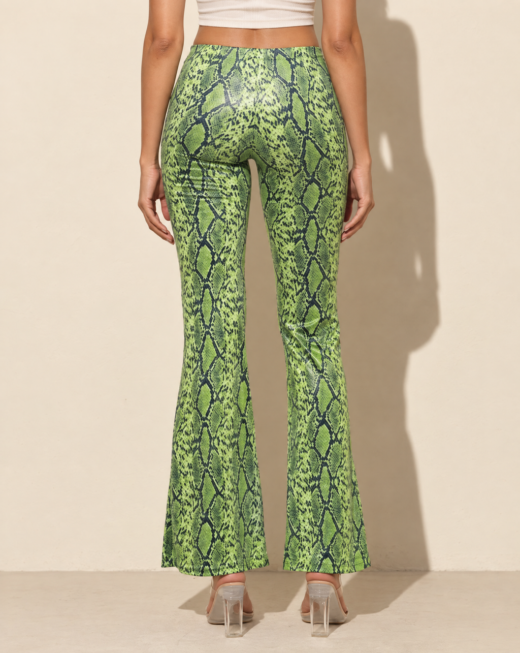 Foiled Animal Printed Slightly Flare Pants in LIME/NAVY — back view