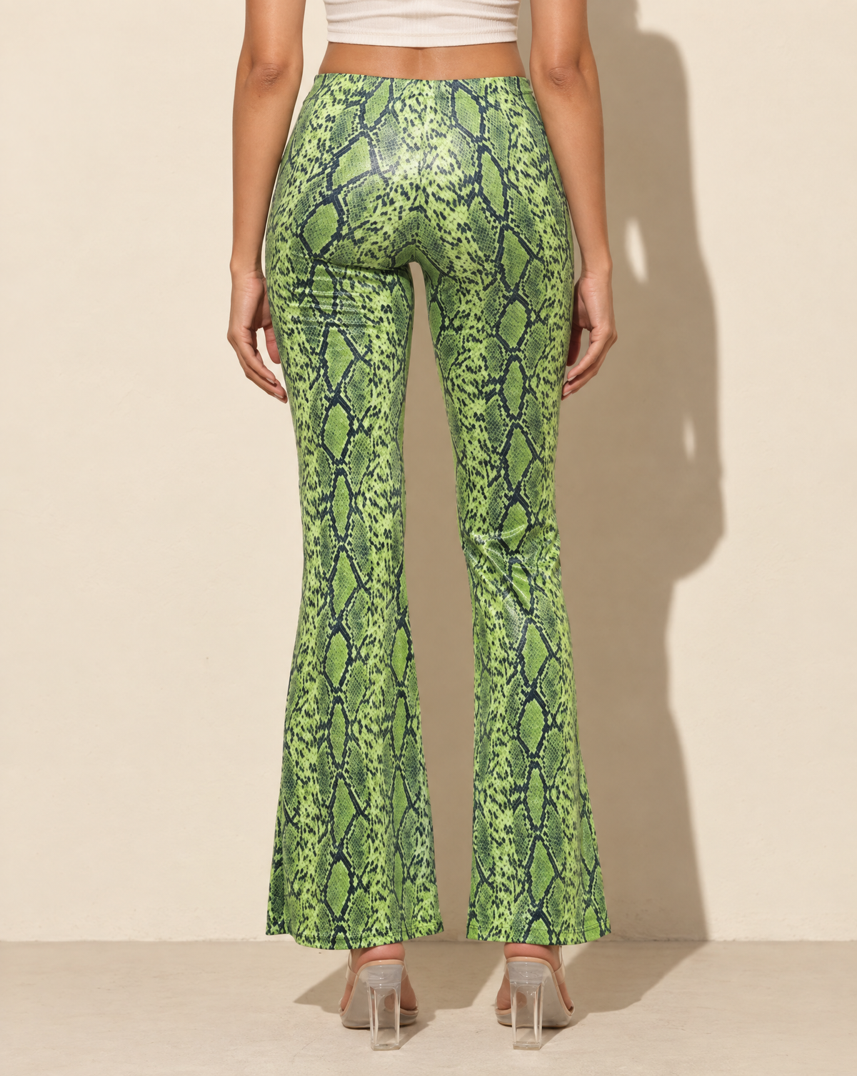 Foiled Animal Printed Slightly Flare Pants in LIME/NAVY — back view