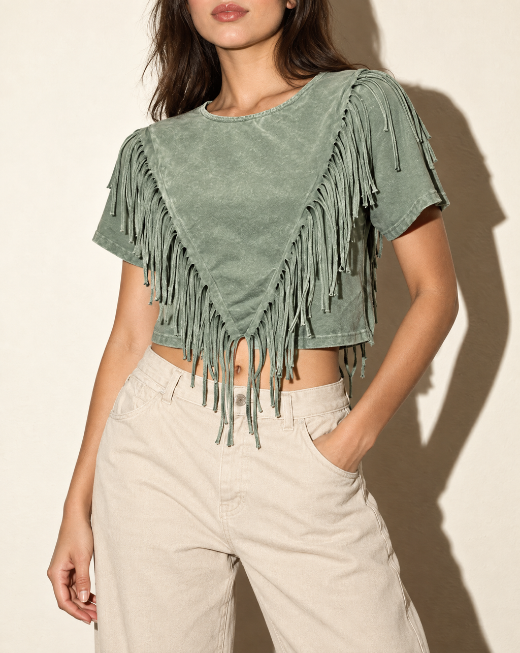 Fringe Detailed Top in Olive — alternate front view