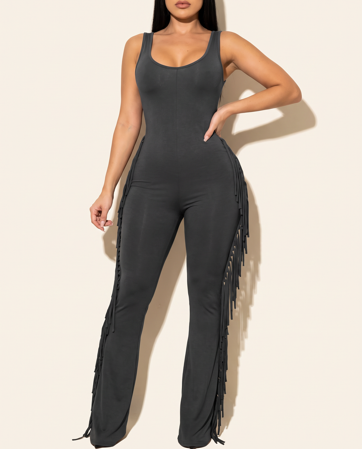 Sleevess Side Fringe Jumpsuit in Black — alternate front view