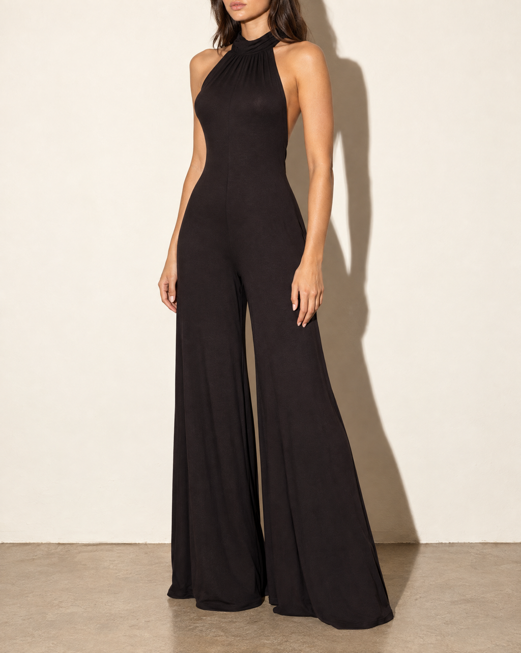 Halter Open Back Wide Leg Jumpsuit in Black — alternate front view
