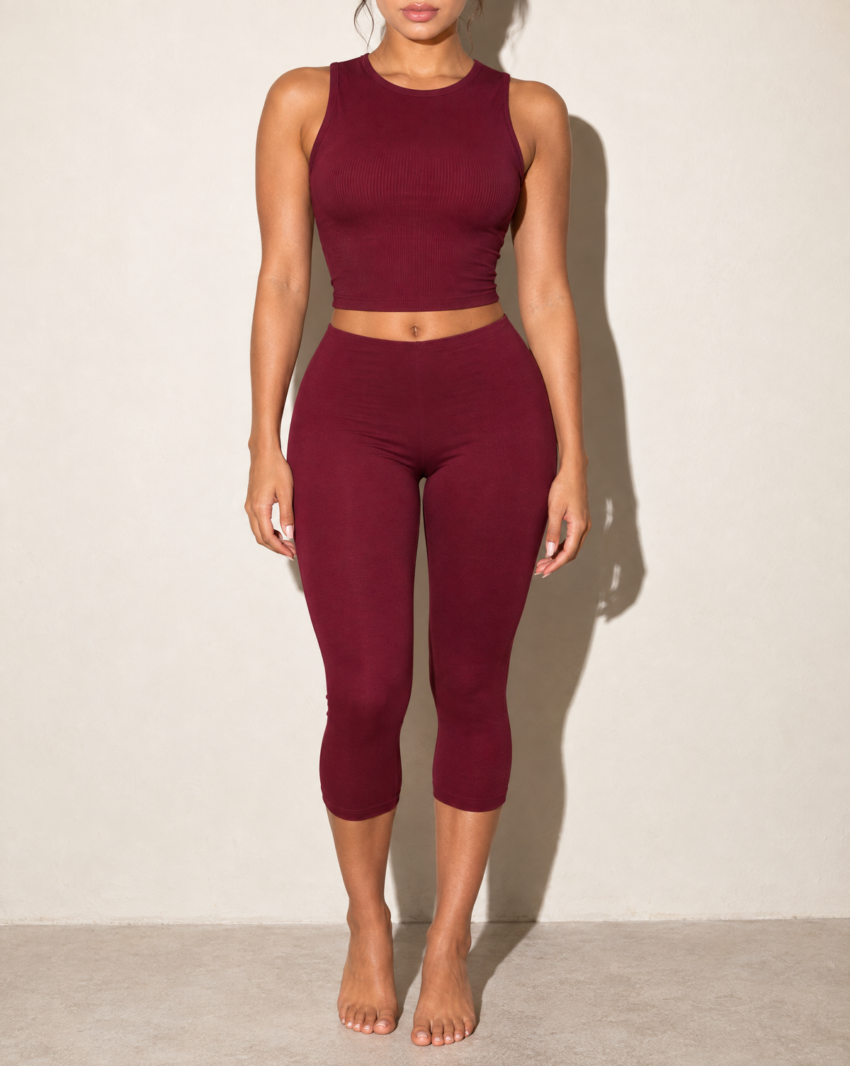 Sleeveless Top & Capri Set in Wine — front view