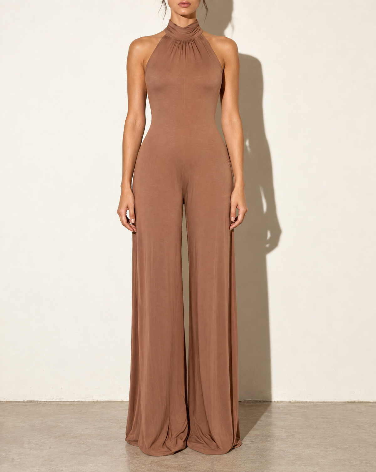 Halter Open Back Wide Leg Jumpsuit in coco — front view