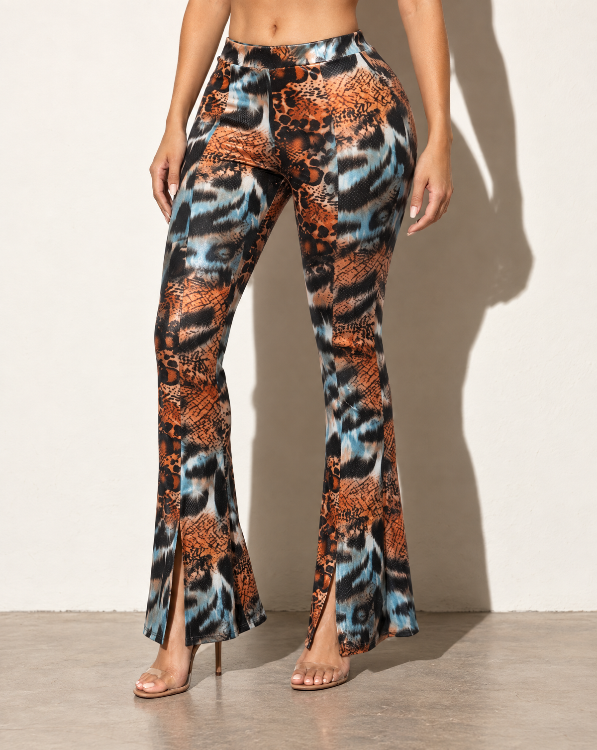 Foiled Animal Printed Slit Hem Flared Pants in RUST COMBO — alternate front view