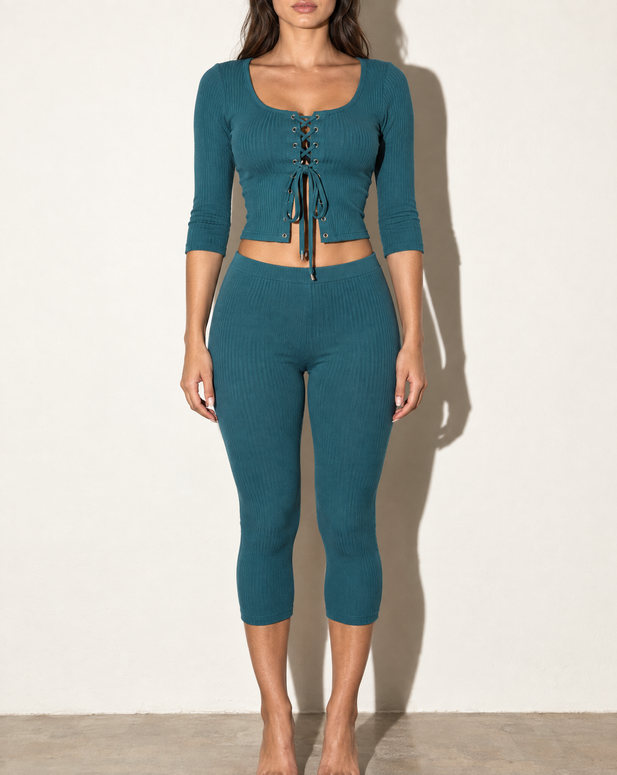 3/4 Sleeves Shoelace Closure Top & Capri Set in HUNTER — front view