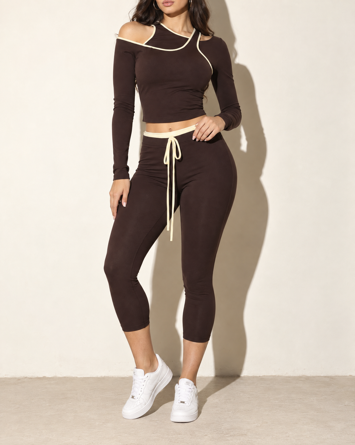 One Side Cold Shoulder Top & Capri Leggings Set in BROWN COMBO — alternate front view