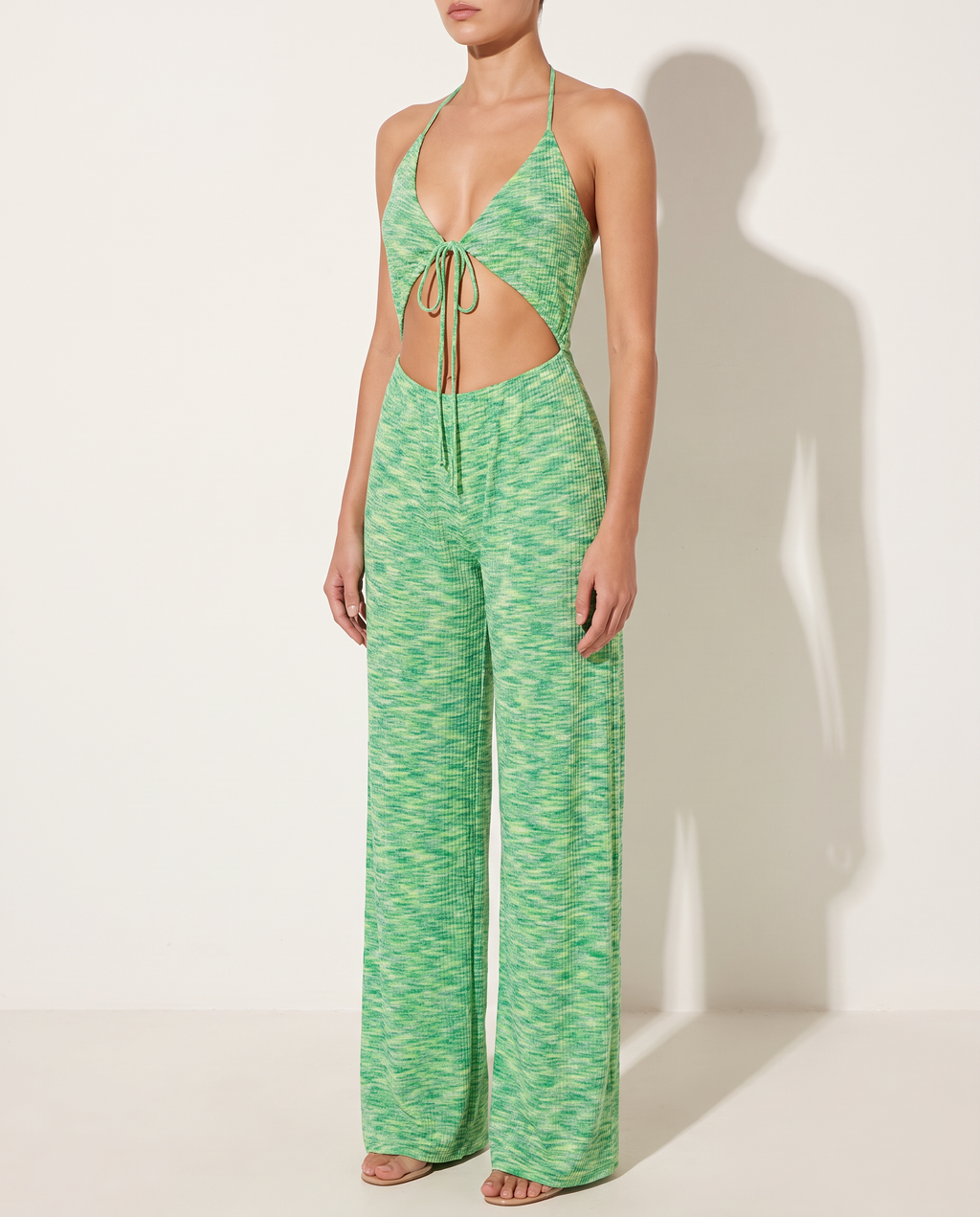 Cut Out Front Halter Neck Wide Leg Jumpsuit in Green — alternate front view