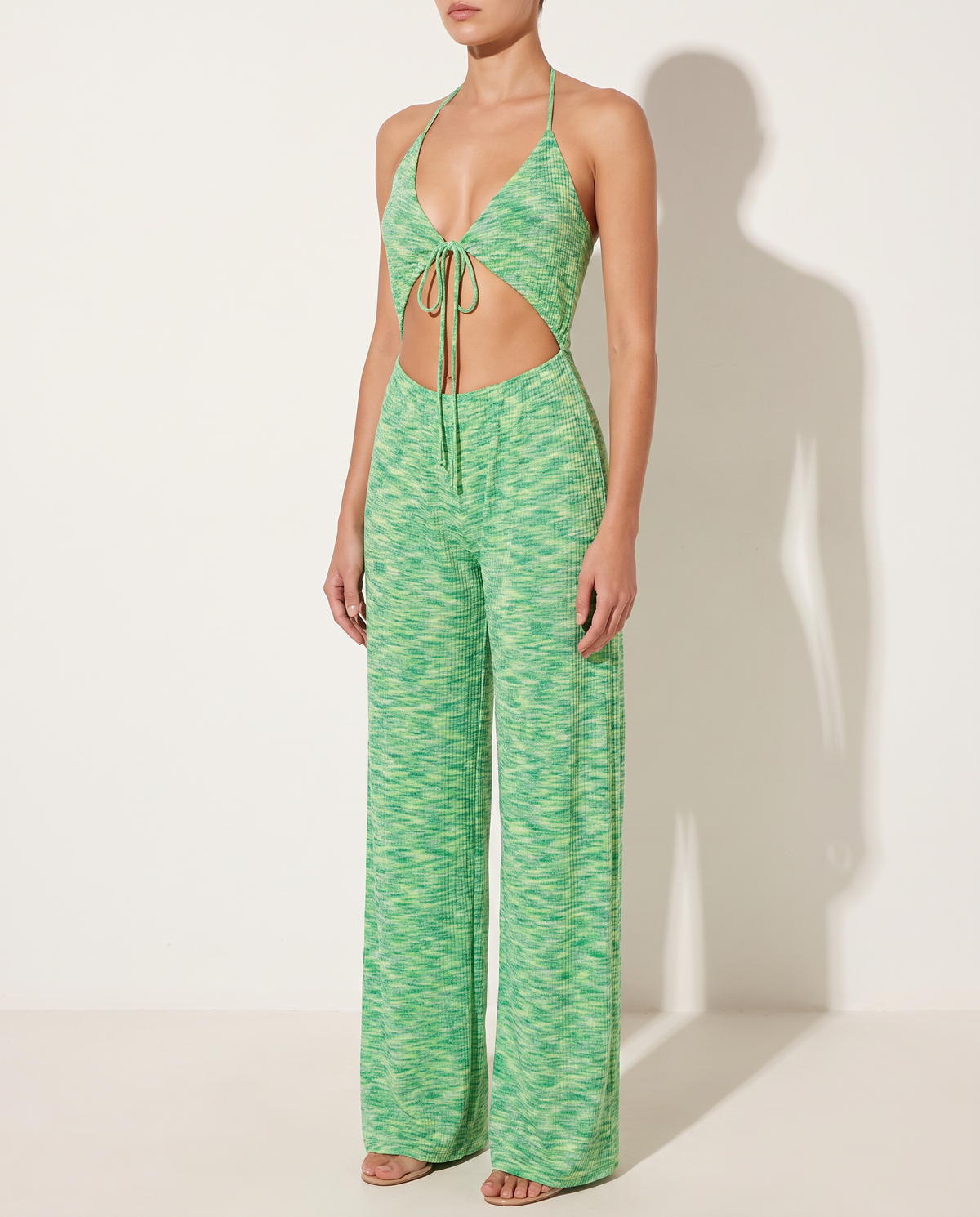 Cut Out Front Halter Neck Wide Leg Jumpsuit in Green — alternate front view