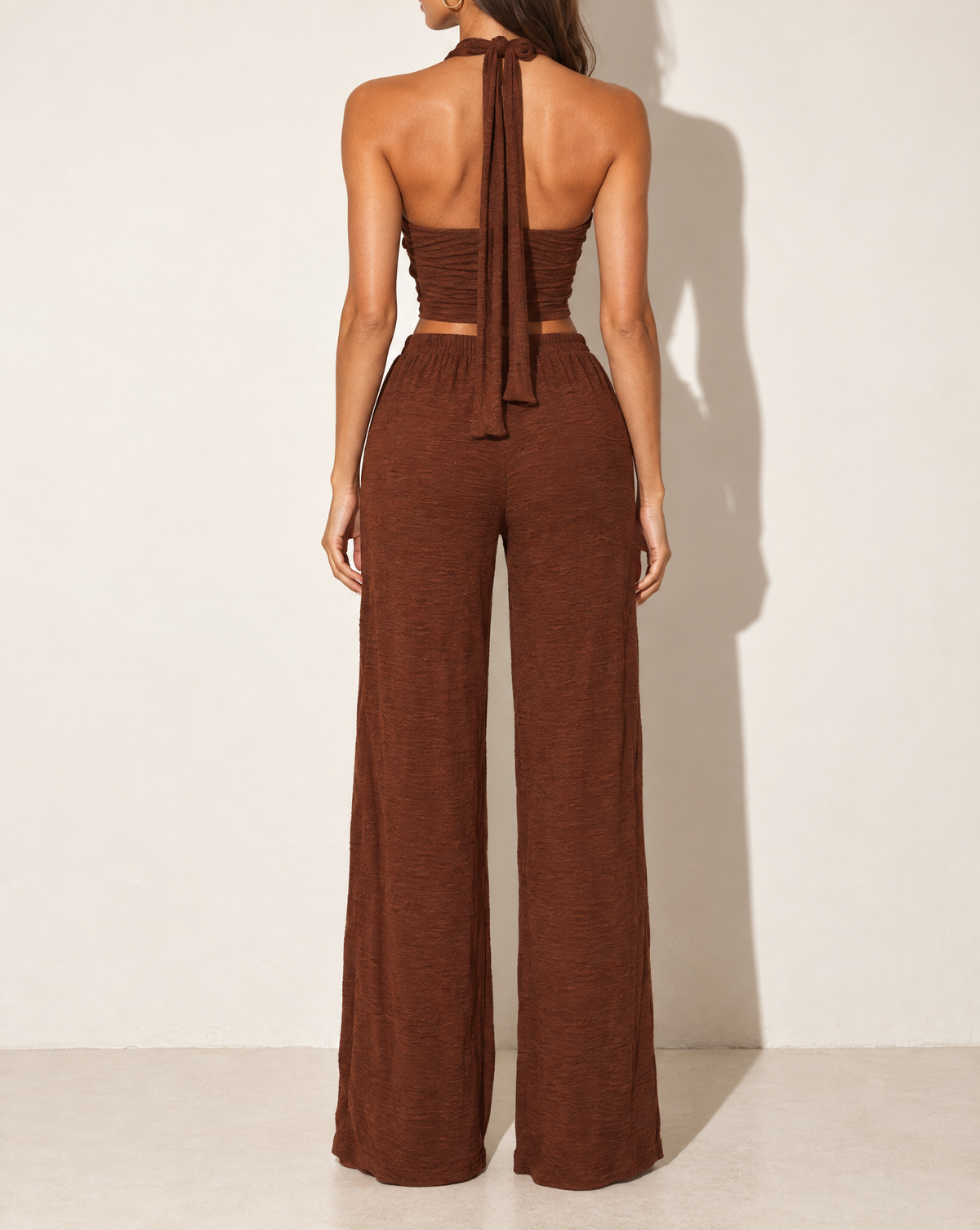 Halter Crop Top & Wide Leg Pants Set in Brown — back view