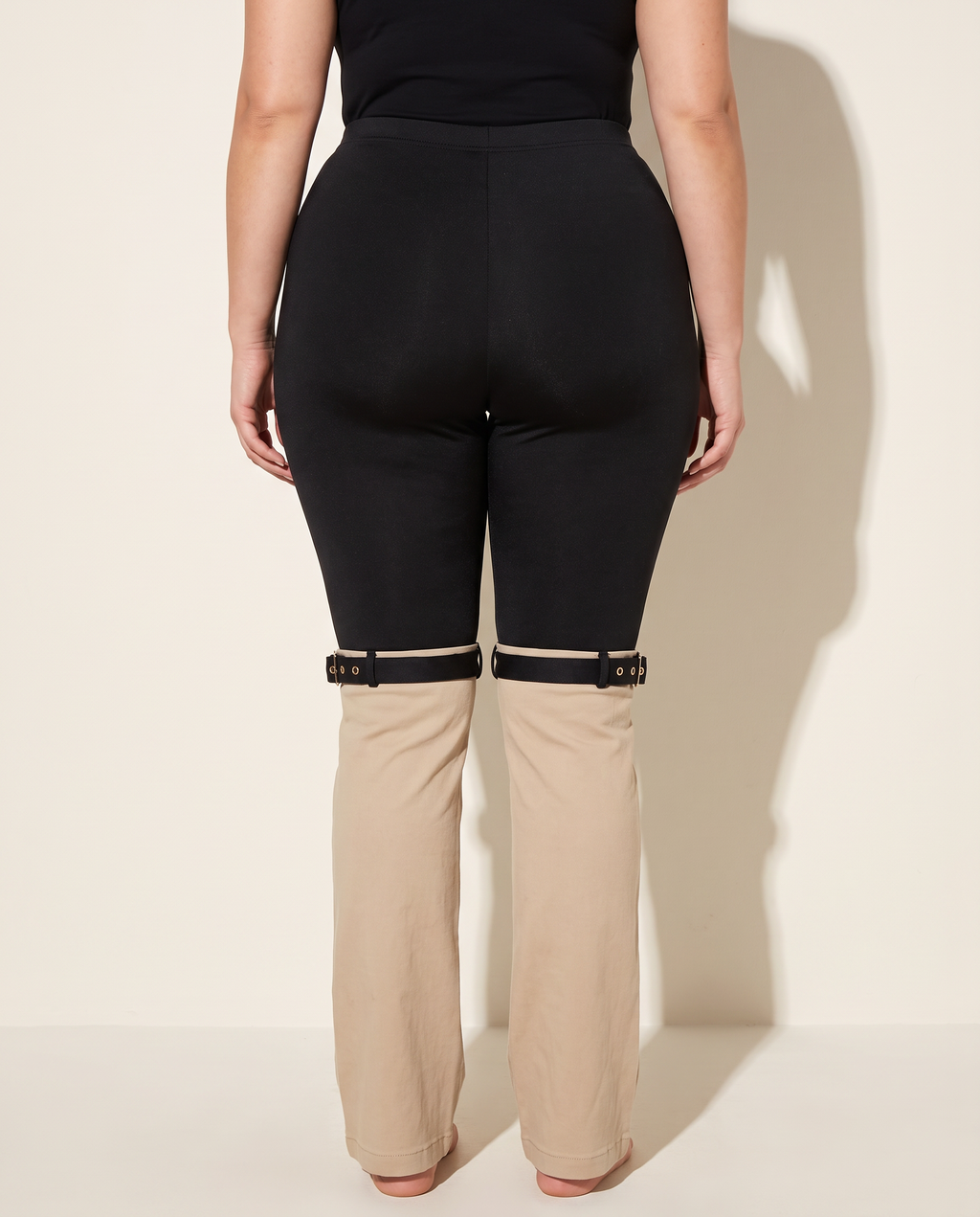 Plus Size Buckled Contrast Pants in BLACK/NUDE — back view