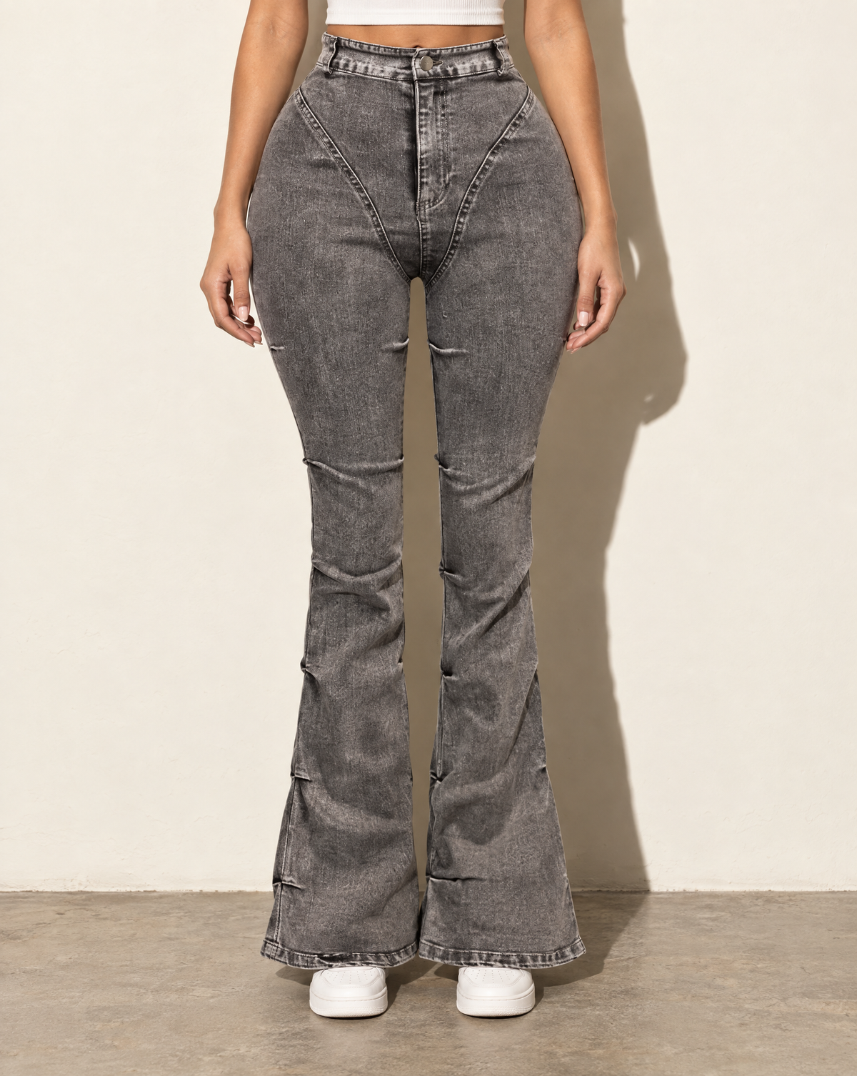Pinched Bell Bottom Denim Pants in Grey — front view