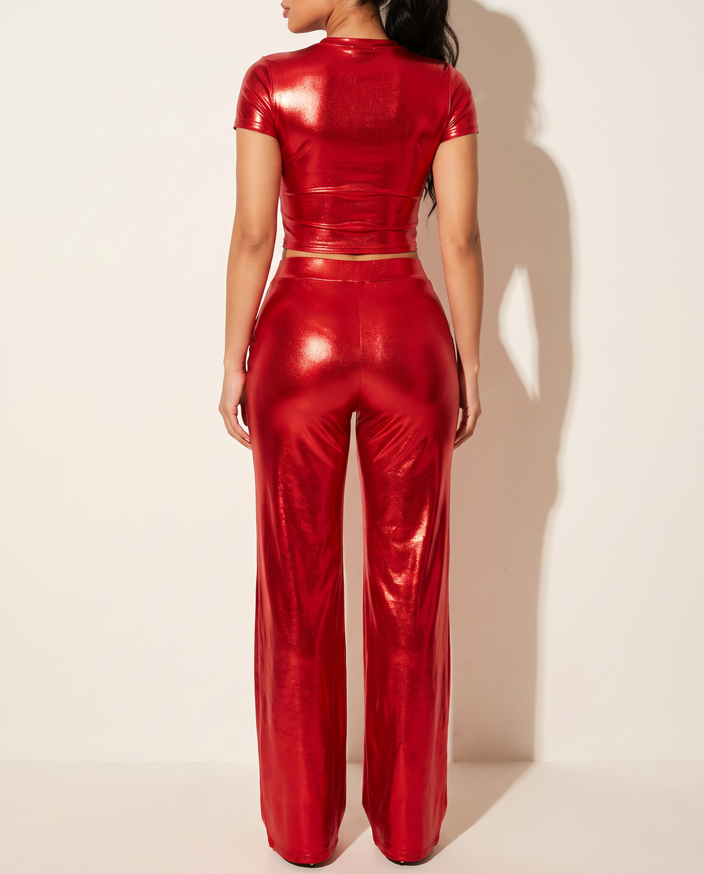 Crop Top & Wide Leg Pants in Red — back view