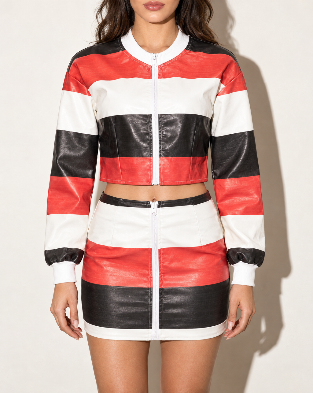 Striped Zipper Closure Jacket & Mini Skirt Set in Multi — front view