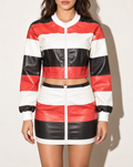 Striped Zipper Closure Jacket & Mini Skirt Set in Multi — front view