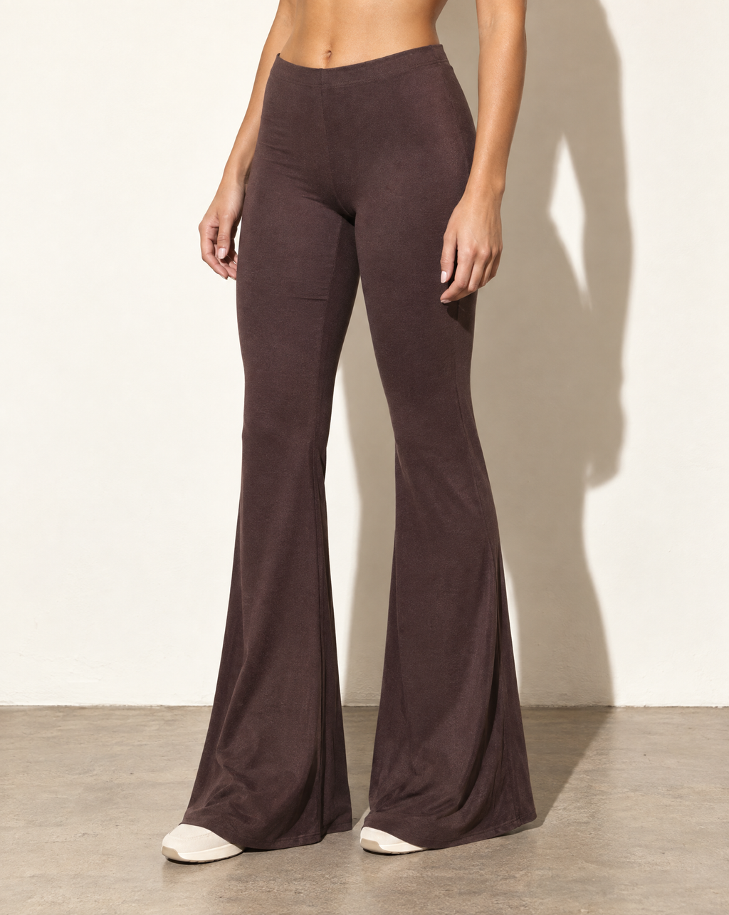 High Waist Flare Hem Pants in Brown — alternate front view