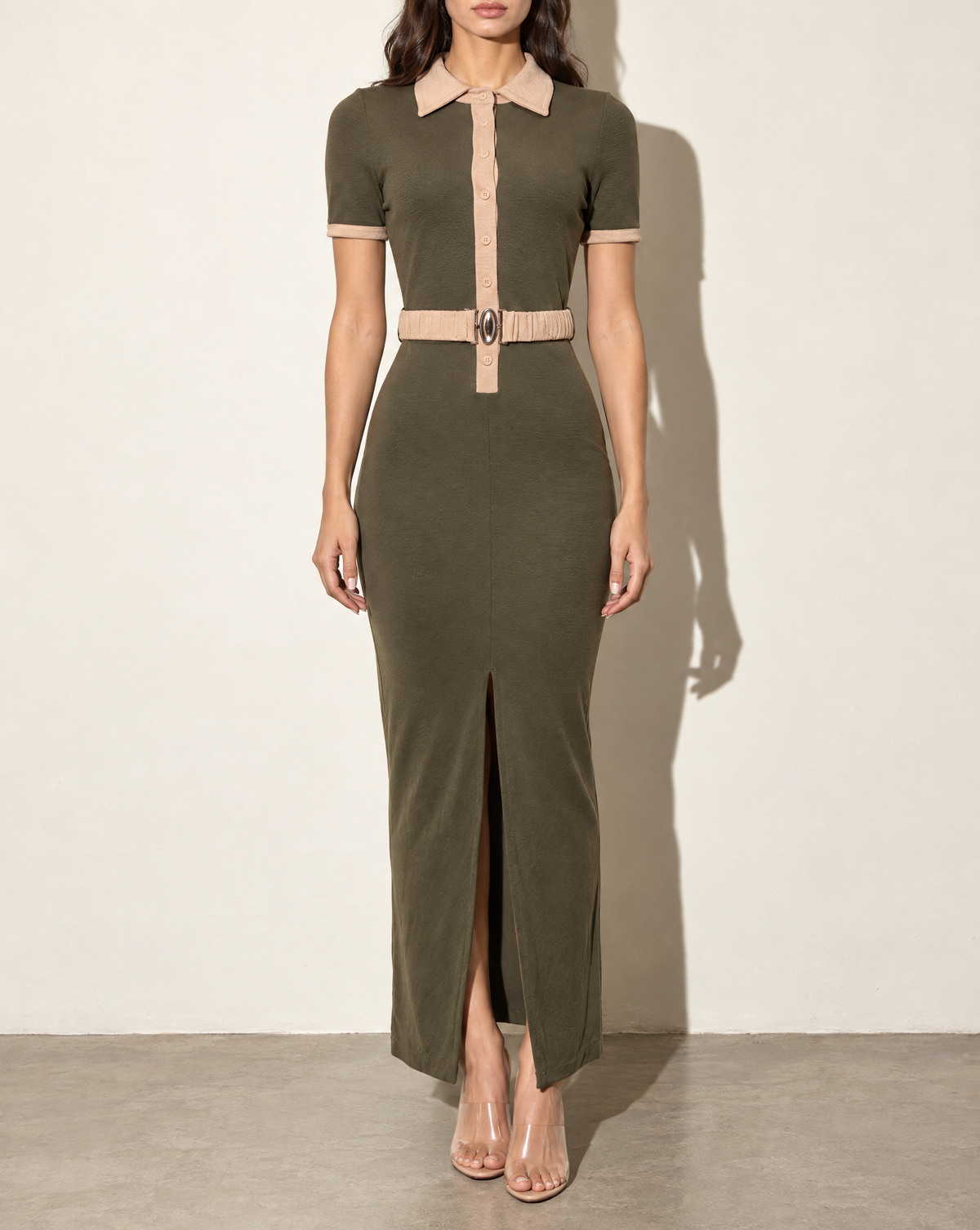 Collared Neck Button Down Dress With Front Slit in OLIVE/TAUPE — front view