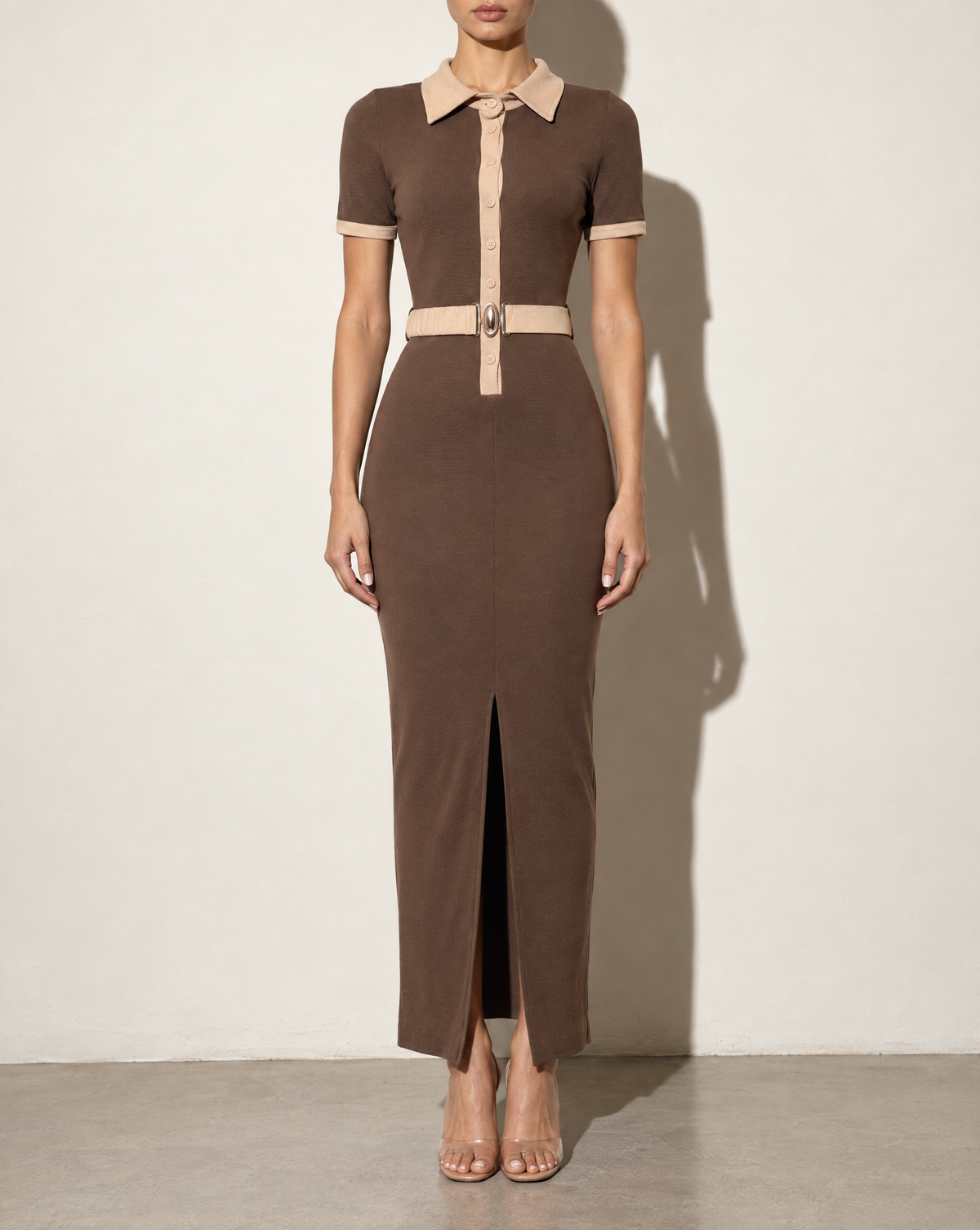 Collared Neck Button Down Dress With Front Slit in BROWN/TAUPE — front view