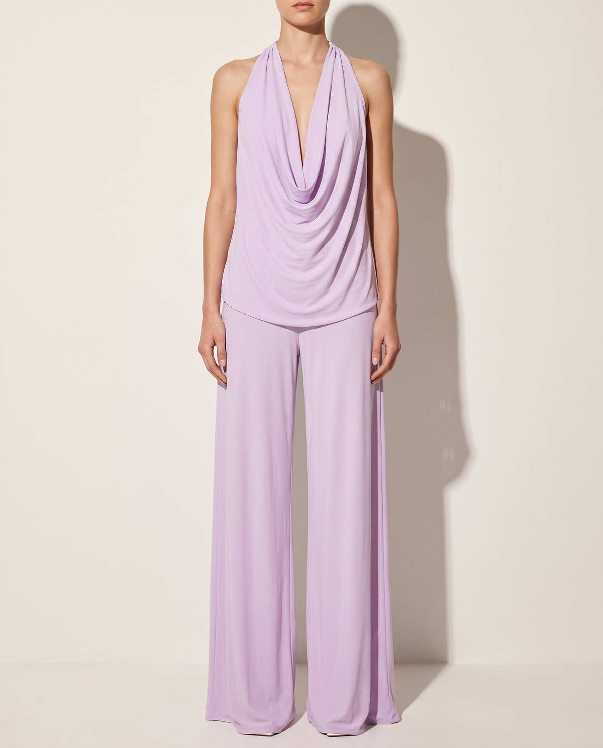 Deep Cowl Neck Sleeveless Top & Pants Set in ORCHID — front view