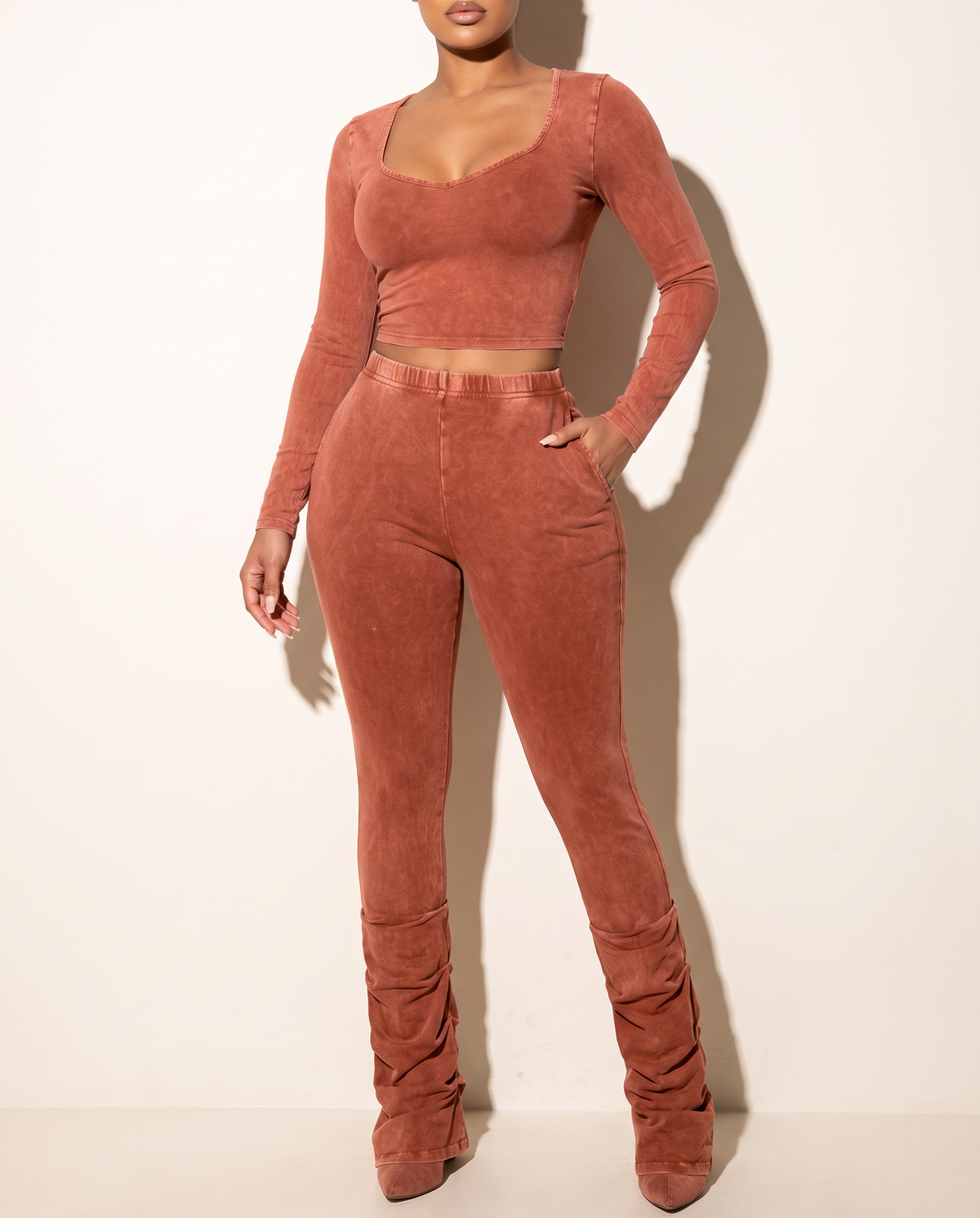 Mineral Washed Top & Ruched Hem Detailed Pants in Rust — alternate front view