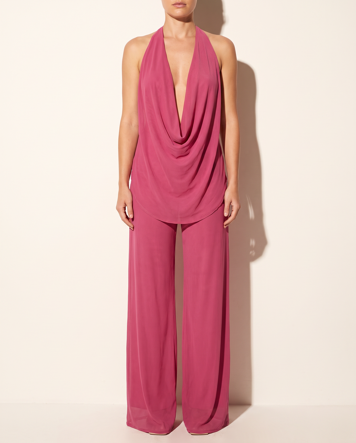 Deep Cowl Neck Sleeveless Top & Pants Set in HOT PINK — front view