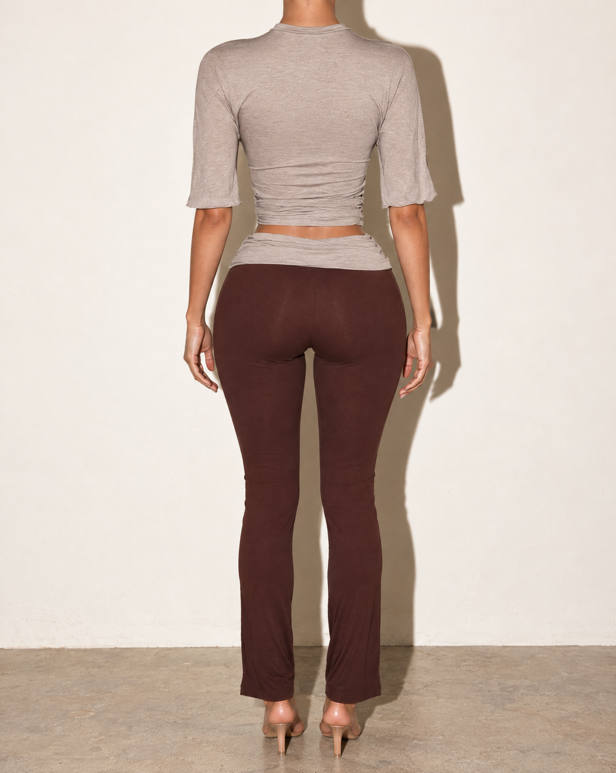 Wide Short Sleeve Top & Pants Set in LT BROWN COMBO — back view