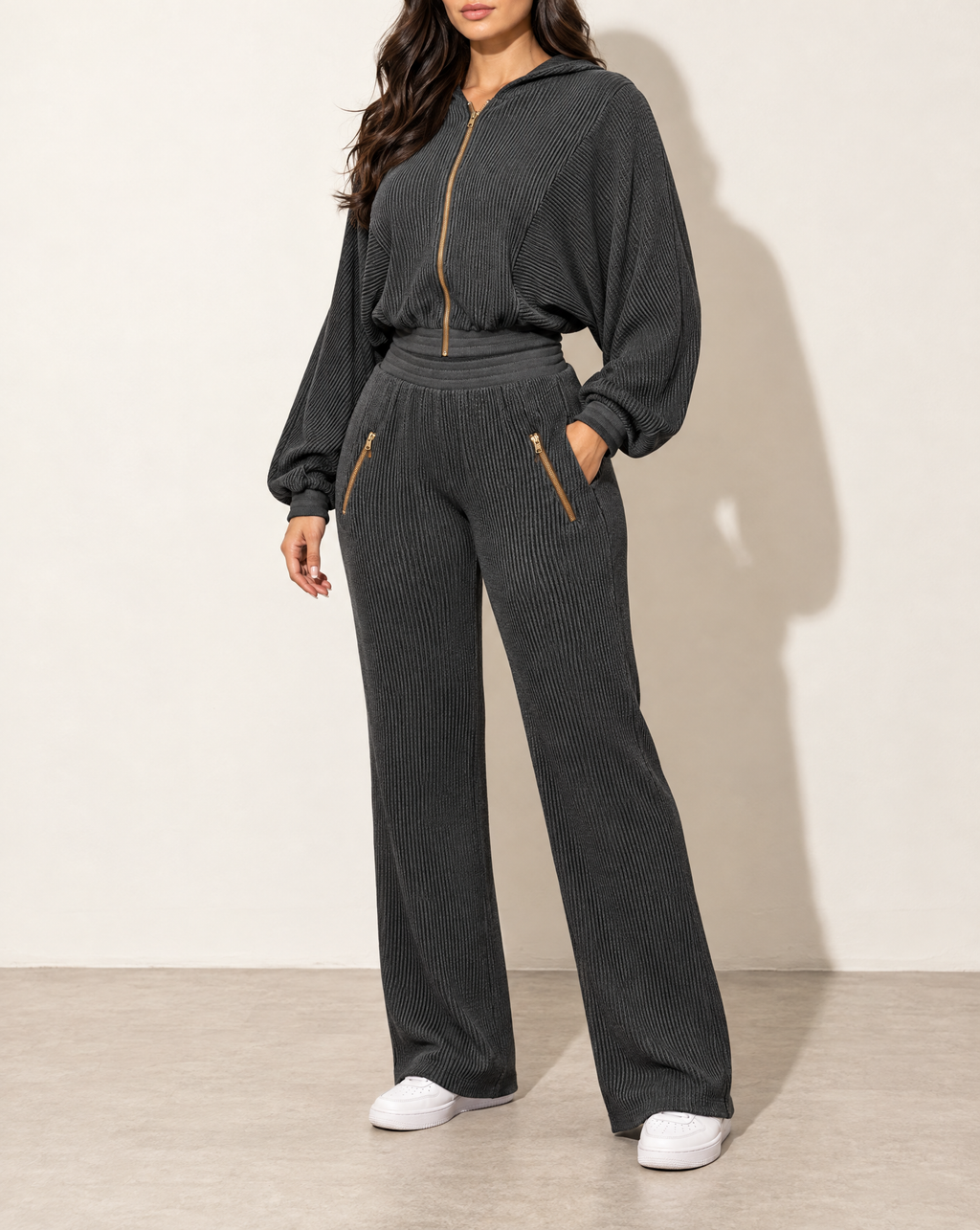 Zipper Closure Hoodie Jacket & Pants Set in Charcoal — alternate front view