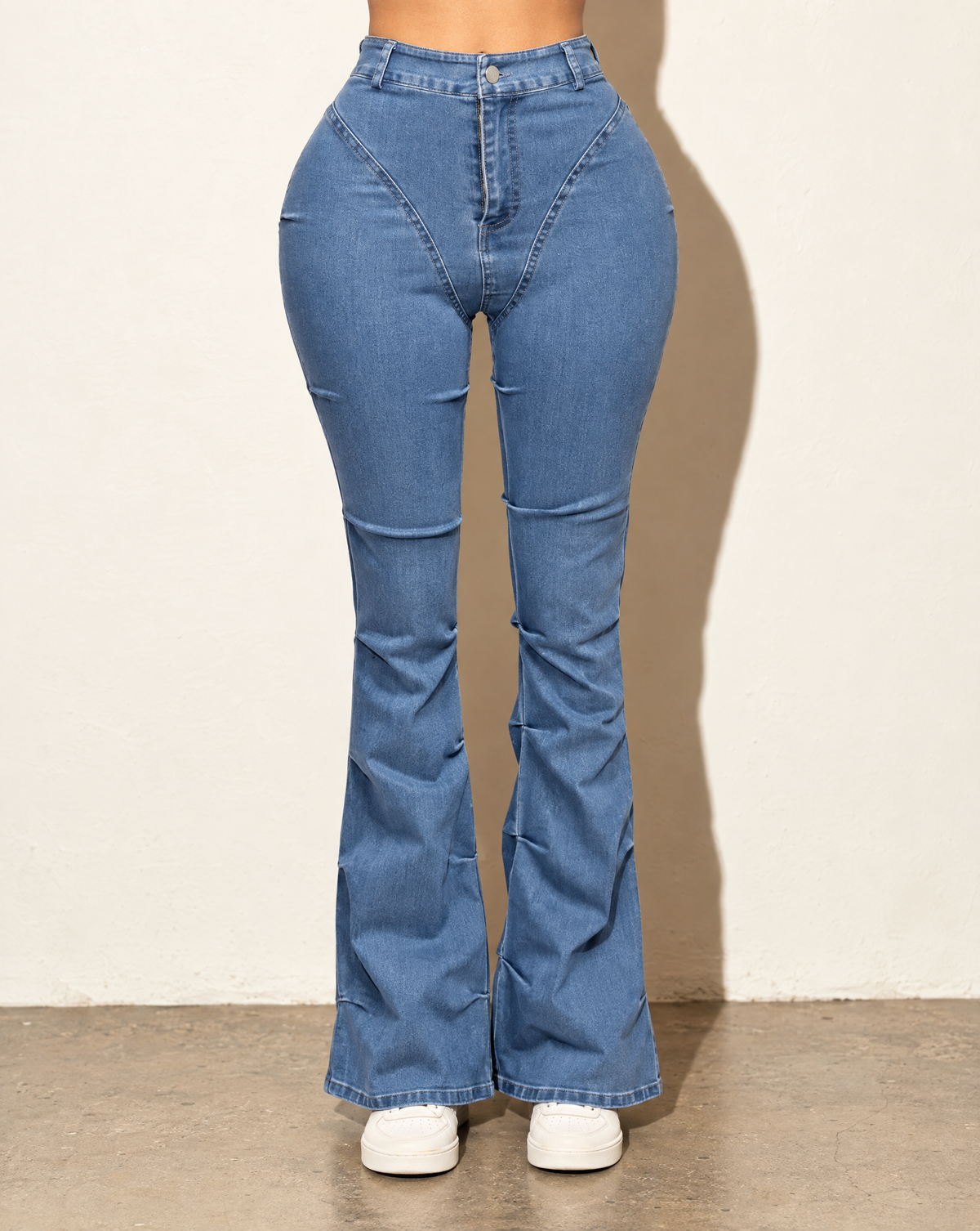 Pinched Bell Bottom Denim Pants in DENIM — front view