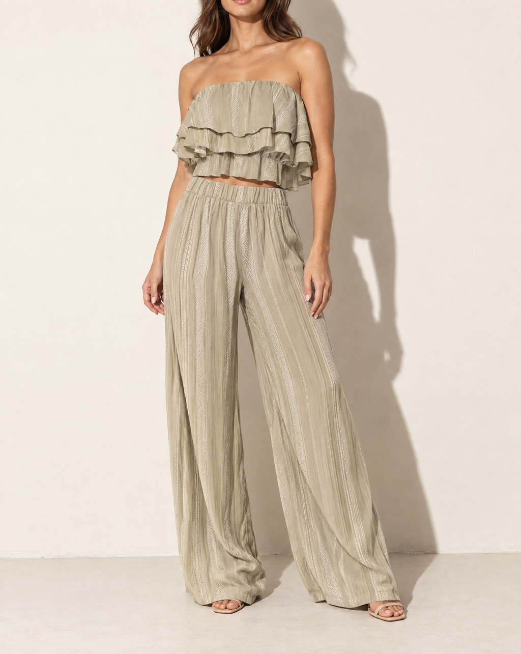 Ruffle Tube Top & Wide Leg Pants Set in SAGE COMBO — alternate front view
