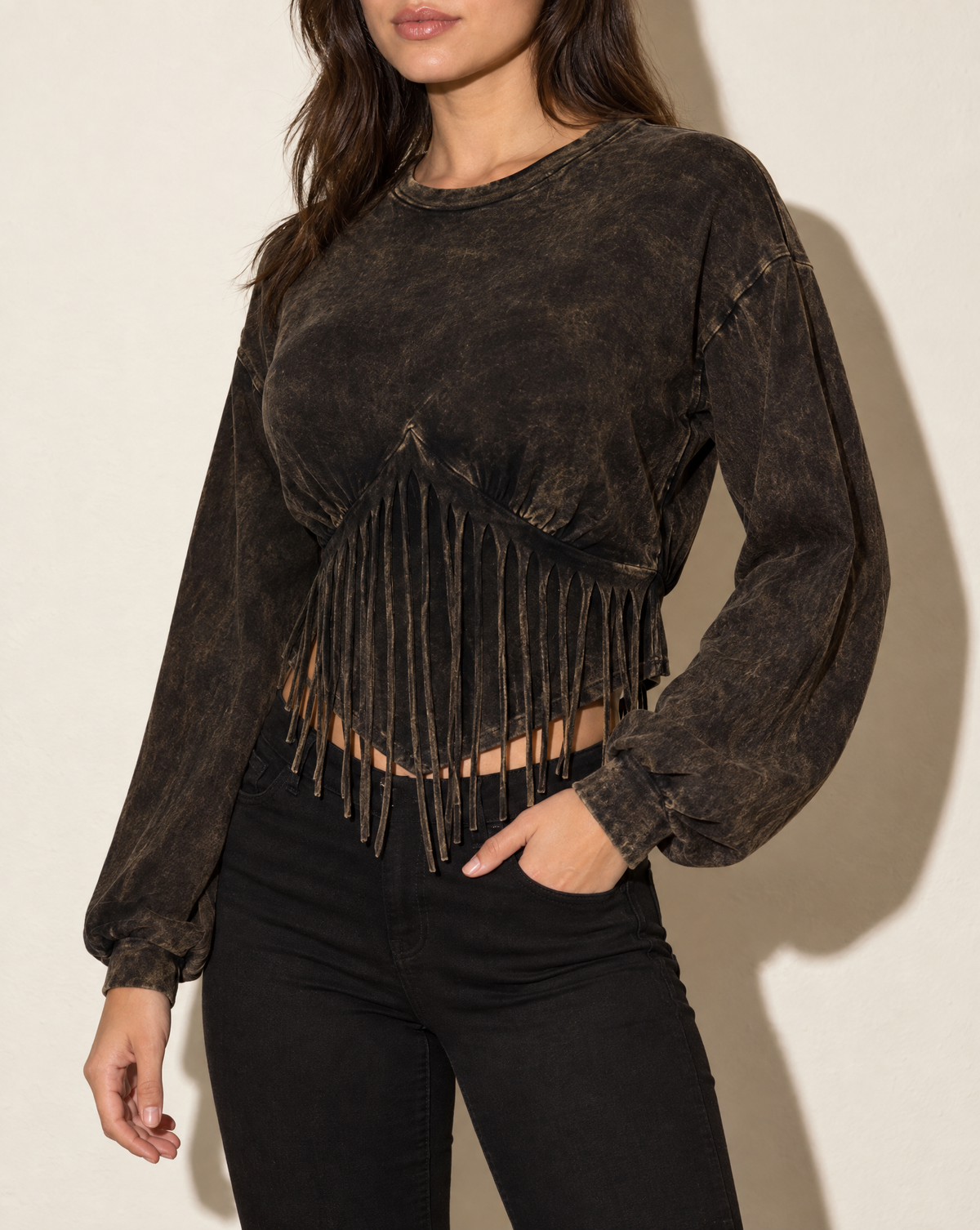 Washed Fringe Detailed Bubble Sleeve Top in DK MUSTARD — alternate front view