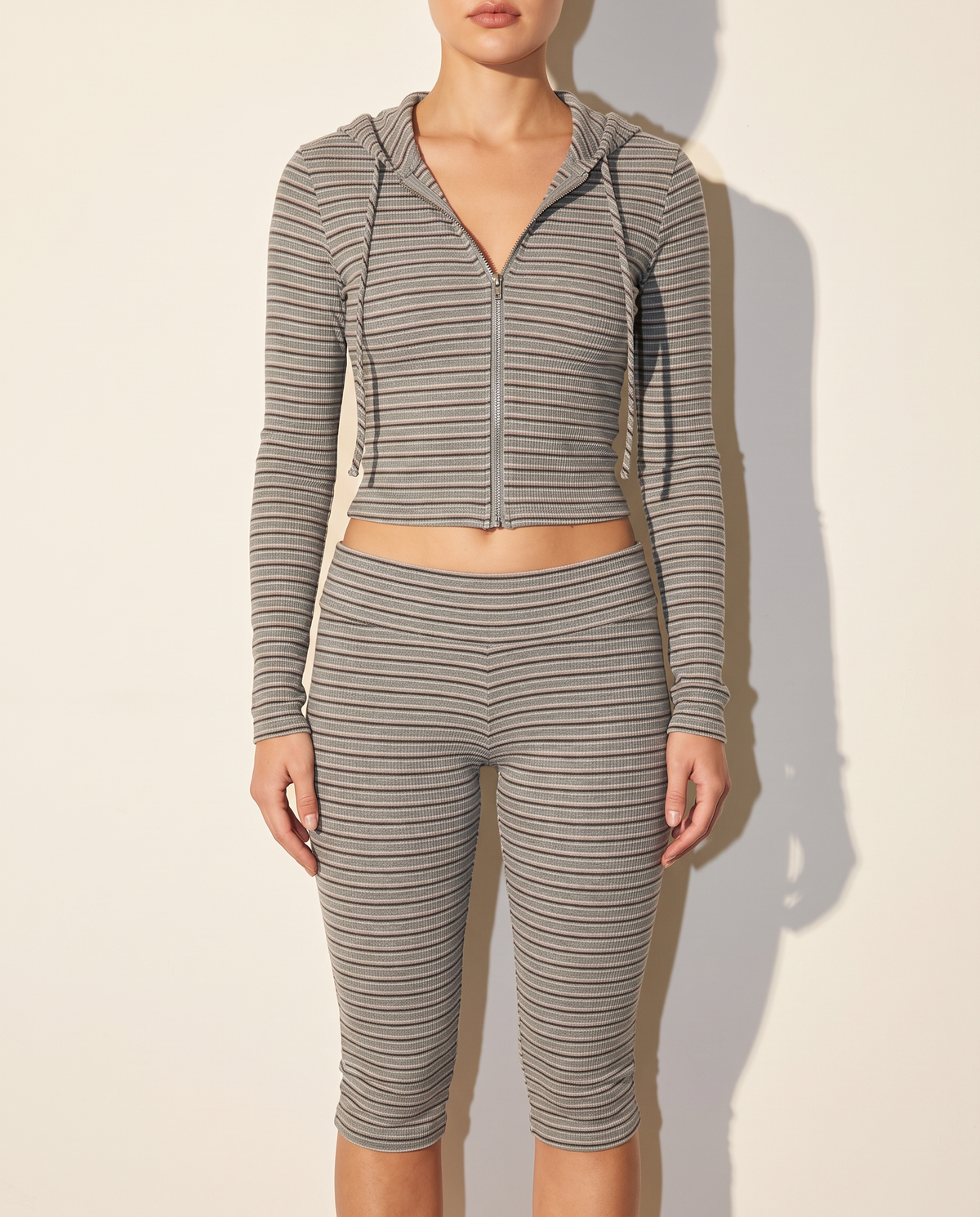 Zipper Closure Hoodie Jacket & Capri Leggings Set in H.GREY — front view