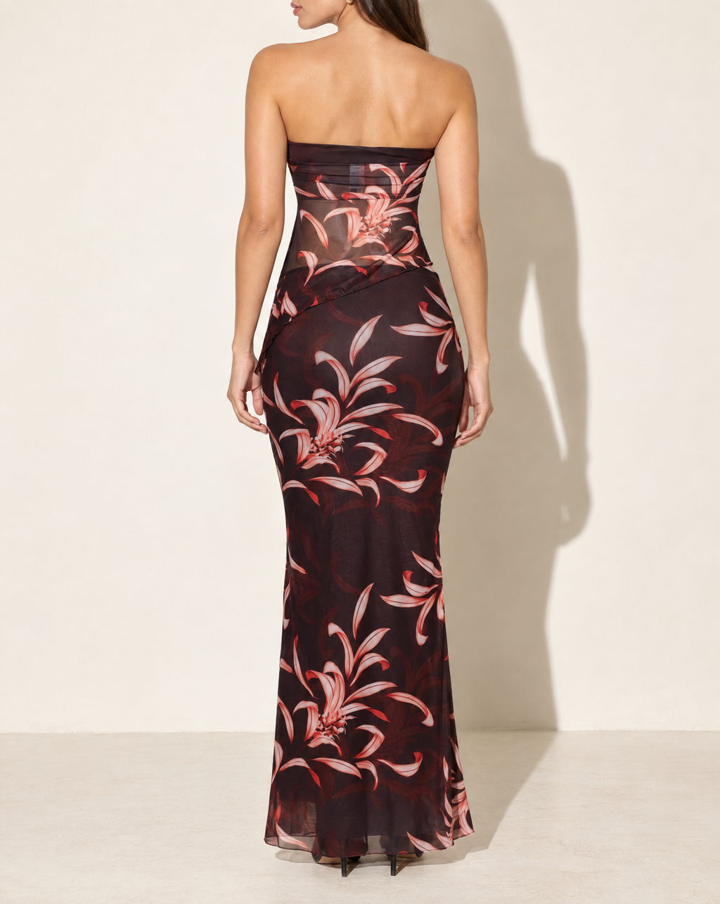 Printed Mesh Tub Top & Maxi Skirt Set in BURG COMBO — back view