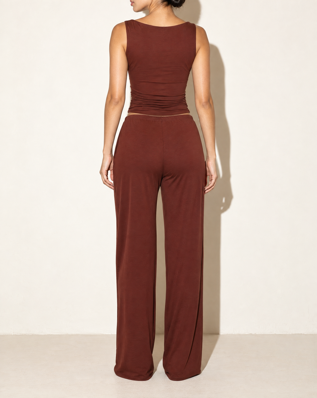 Sleeveless Top & Loose Fit Pants Set in Chocolate — back view
