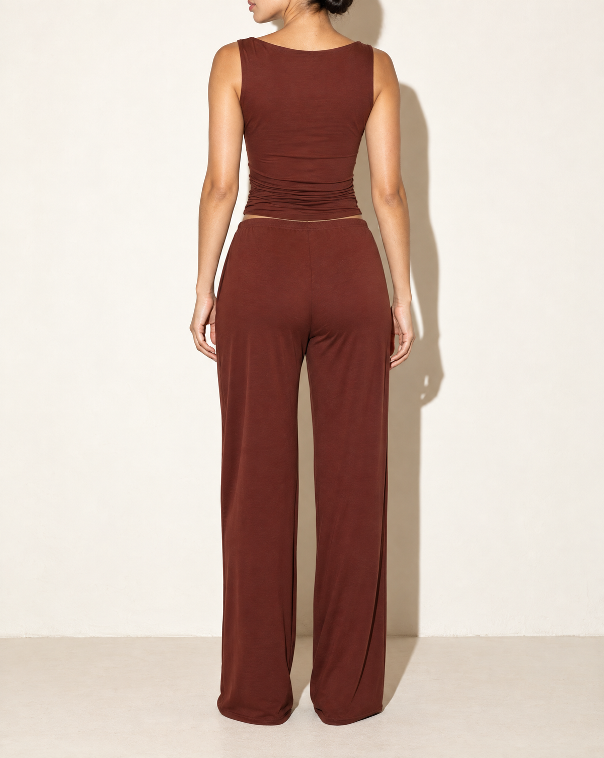 Sleeveless Top & Loose Fit Pants Set in Chocolate — back view