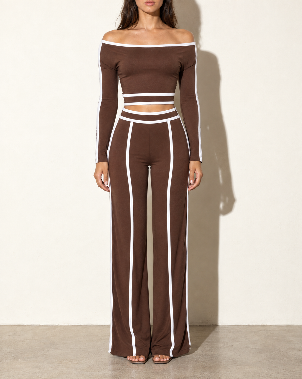 Off Shoulder Long Sleeve Top With Wide Leg Pants in BROWN/WHITE — front view