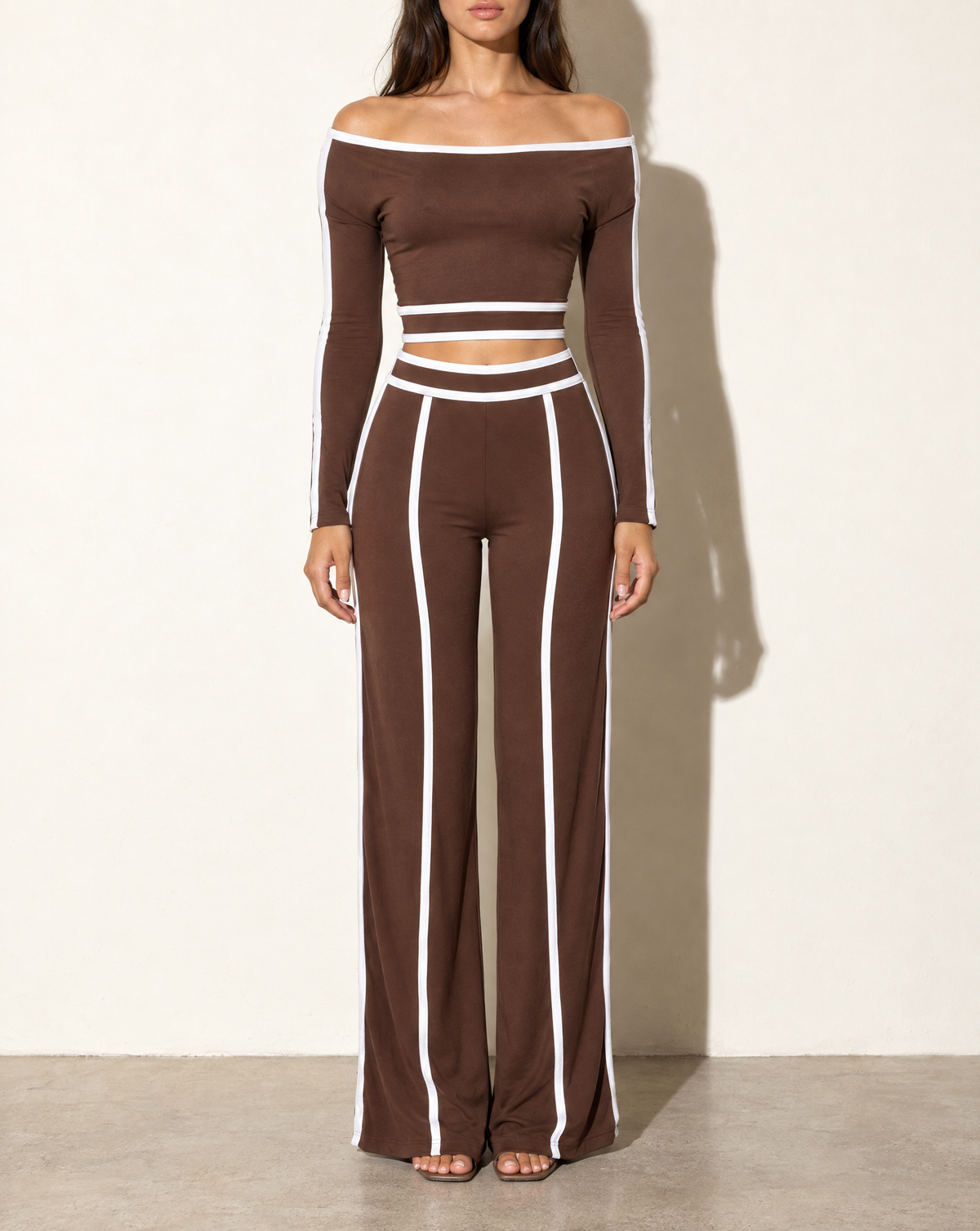 Off Shoulder Long Sleeve Top With Wide Leg Pants in BROWN/WHITE — front view