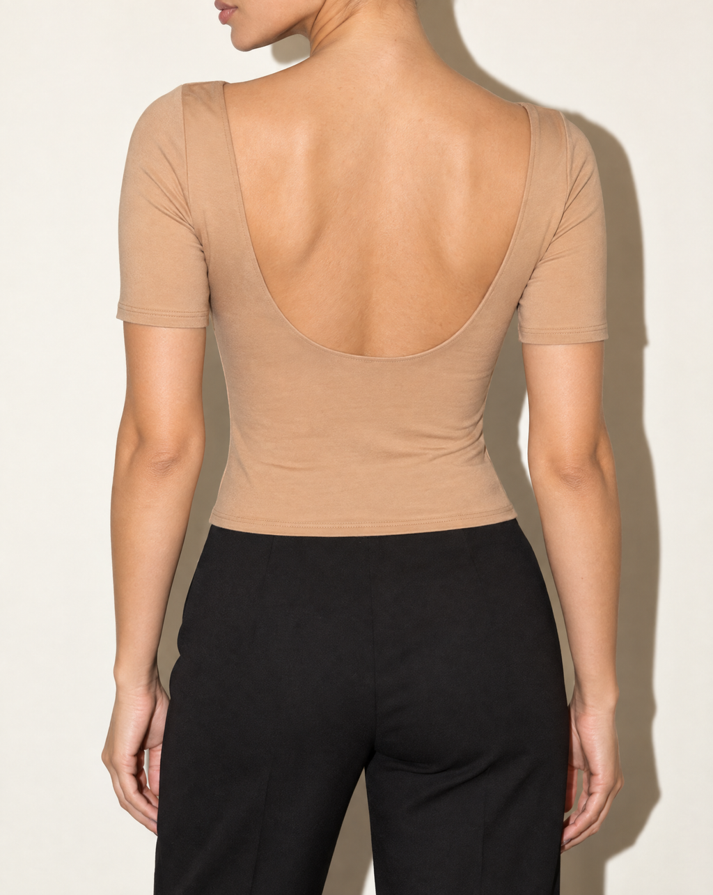 Short Sleeve Open Back Top in DUSTY TAUPE — back view