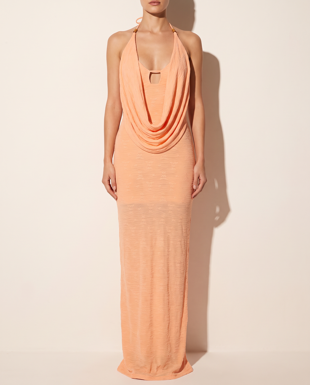 Floral Textured Fabric Cowl Neck Maxi Dress in PEACH FUZZ — front view